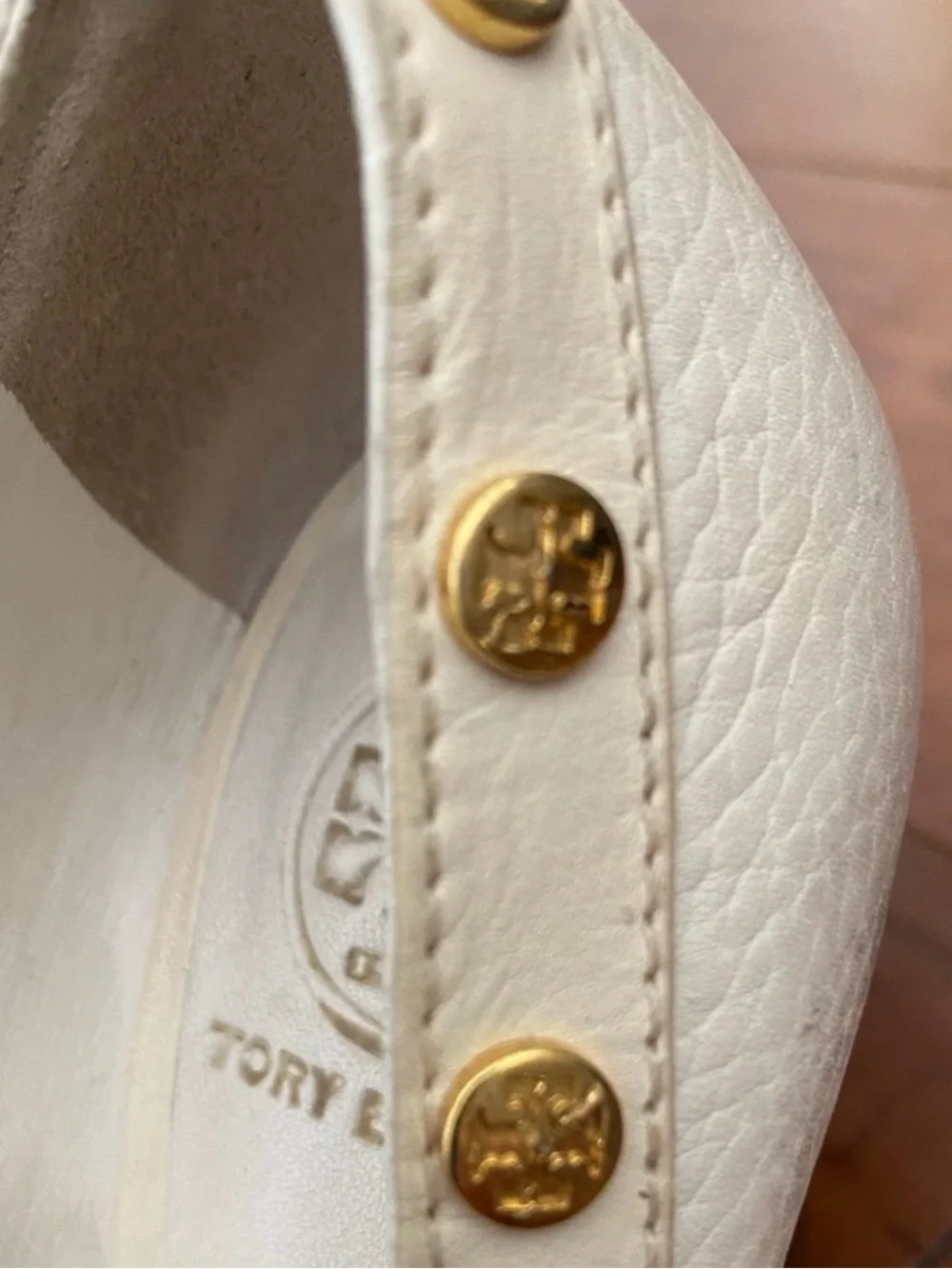 Tory Burch White Leather Peep-Toe Wedges with Gold Studs